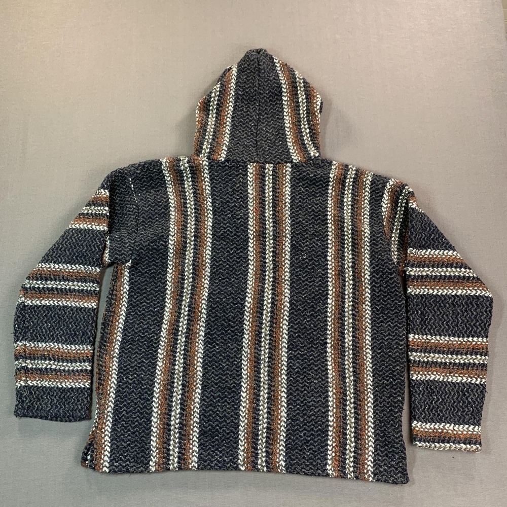 Baja Joe Hoodie Men LG Blue & Gray Striped Woven Pullover Baja Mexican Poncho - Picture 7 of 15